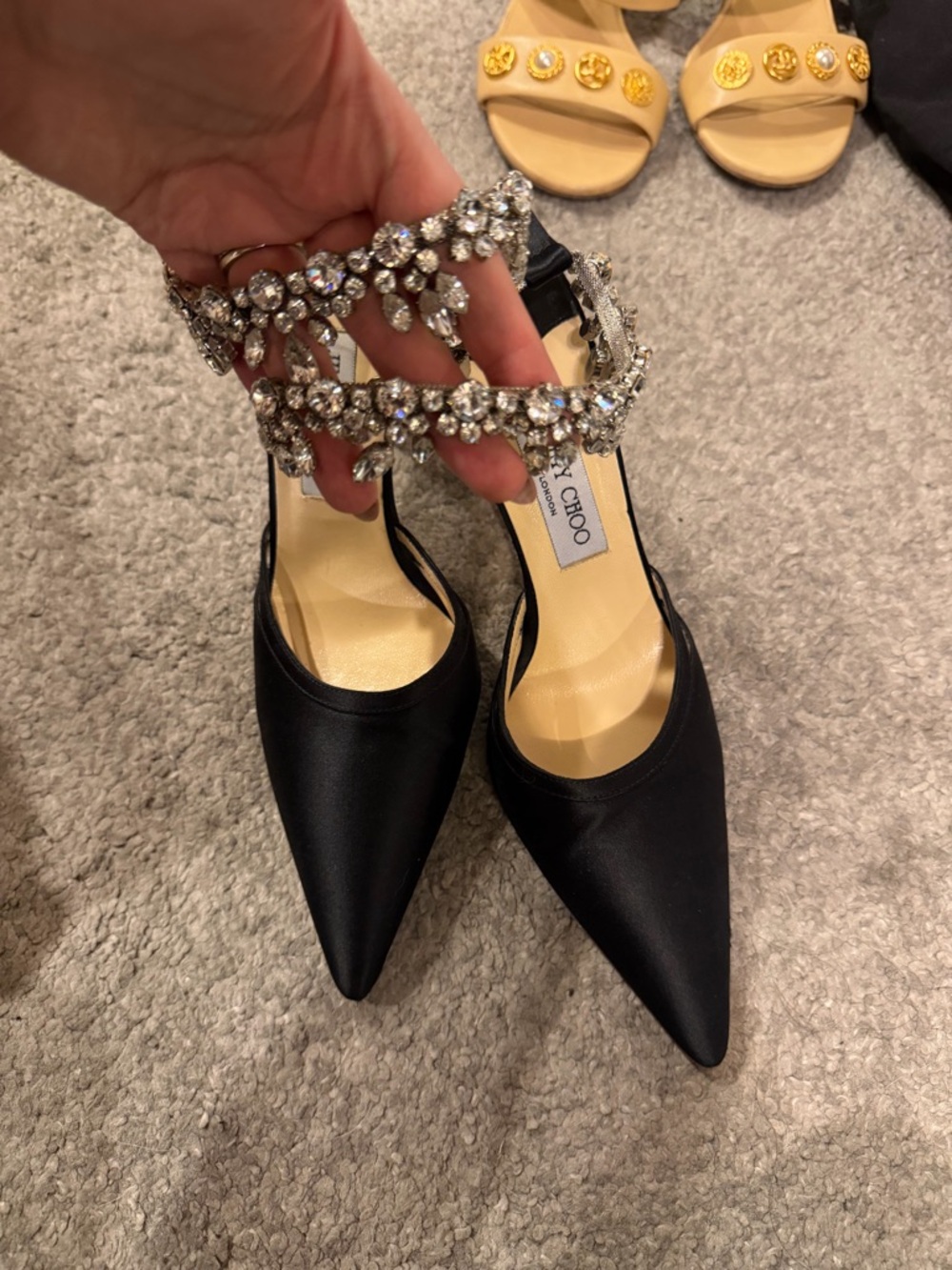 Jimmy Choo Brand New Embellished Black Satin Pointed-Toe Heels